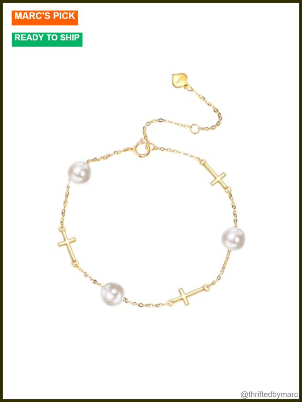 14K Solid Gold Freshwater Pearl Cross Bracelet 7+2 Inch Gift
